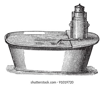 Bathtub with mobile device, vintage engraved illustration. Usual Medicine Dictionary - Paul Labarthe - 1885.