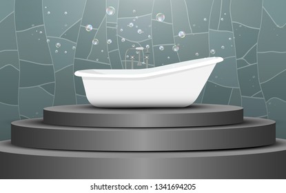 bathtub on the gray podium in the marble room