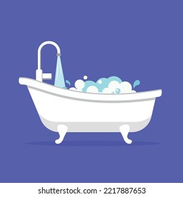 Bathtub with open water faucet and foam
