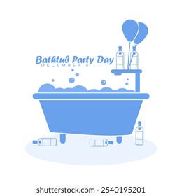 Bathtub Party Day to celebrate on December 5th. A bathtub full of foam and alcohol bottles is a mess after a party.