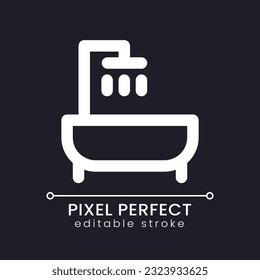 Bathtub Pixel perfekt weiß lineares Icon für dunkles Thema. Bad. Dusche und Badewanne. Hygiene. Piktogramm der Vektorlinie. Identifiziertes Benutzeroberflächen-Symbol für den Nachtmodus. Bearbeitbarer Strich. Poppins Schriftart verwendet