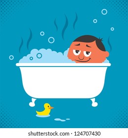 Bathtub Relaxation: Man relaxing in bathtub. No transparency and gradients used.