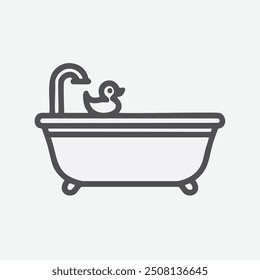 Bathtub with rubber duck outline icon. Line icon of a bathtub with a rubber duck, perfect for bathroom, hygiene, or relaxation themes.