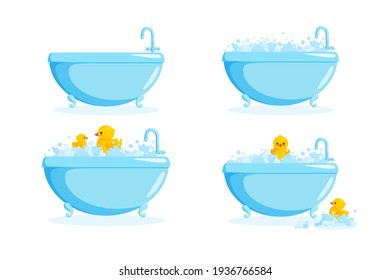 Bathtub with rubber duck in suds. Set with bathtubs and yellow ducks in bubbles and suds. Vector illustration in cartoon style