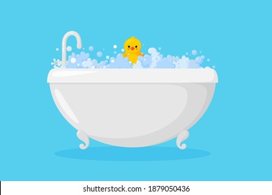Bathtub with rubber duck in suds. Yellow duck in bubbles and foam isolated in blue background. Vector illustration in cartoon style