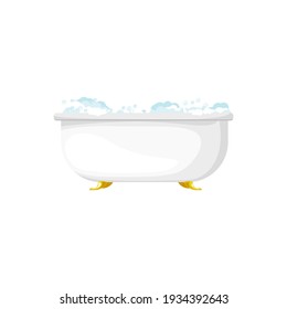 Bathtub sanitary health hygiene object isolated realistic icon. Vector washing basin on golden legs, home toilet room furniture equipment. Bathtub with soap and bubbles, shampoo, mousse washing gel