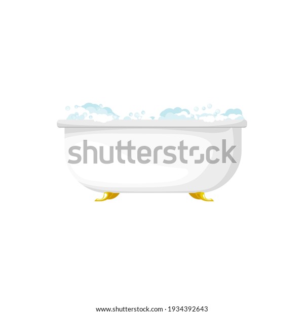 Bathtub sanitary health hygiene object isolated\
realistic icon. Vector washing basin on golden legs, home toilet\
room furniture equipment. Bathtub with soap and bubbles, shampoo,\
mousse washing gel