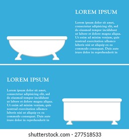 Bathtub set with lorem ipsum text. Bathroom furniture. Flat style vector illustration.