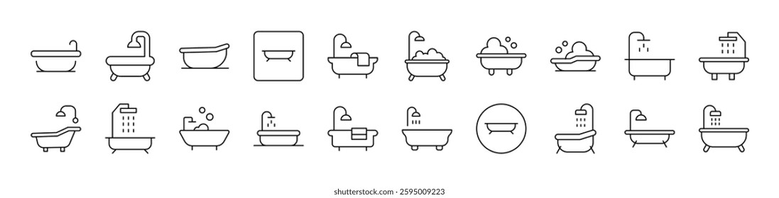 Bathtub Set of Thin Icons. Editable Stroke. Suitable for Web Sites, Books, Cards, Apps 
