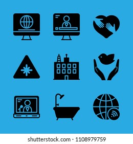 bathtub, shaking hands inside a heart, worldwide, building, television, laser, dove of peace, television and laptop vector icon. Simple icons set