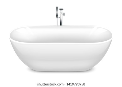 Bathtub in the shape of a bowl. Side view. Mixers of water taps. Realistic style Isolated on white background. Vector illustration.