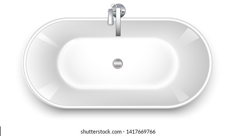 Bathtub in the shape of a bowl. Top wiew. Mixers of water taps. Realistic style Isolated on white background. Vector illustration.