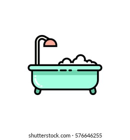 Bathtub with shower and bubbles flat line icon