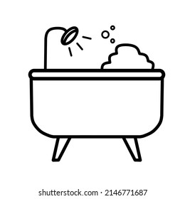 bathtub with shower and bubbles outline illustration. Suitable for home and interior article