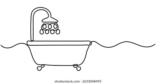  bathtub with shower continuous one line drawing, Continuous one line drawing of bathtub design. Simple bath in single line draw illustration. Continuous Line Drawing of Baby Bath Icon. Hand Drawn. 