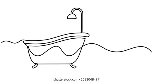  bathtub with shower continuous one line drawing, Continuous one line drawing of bathtub design. Simple bath in single line draw illustration. Continuous Line Drawing of Baby Bath Icon. Hand Drawn. 