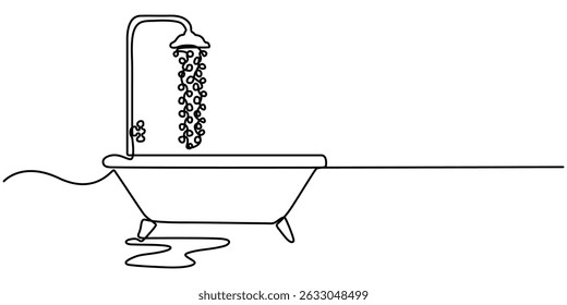  bathtub with shower continuous one line drawing, Continuous one line drawing of bathtub design. Simple bath in single line draw illustration. Continuous Line Drawing of Baby Bath Icon. Hand Drawn. 