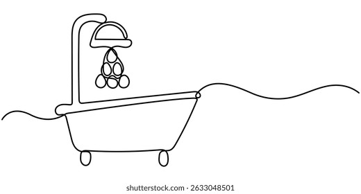  bathtub with shower continuous one line drawing, Continuous one line drawing of bathtub design. Simple bath in single line draw illustration. Continuous Line Drawing of Baby Bath Icon. Hand Drawn. 