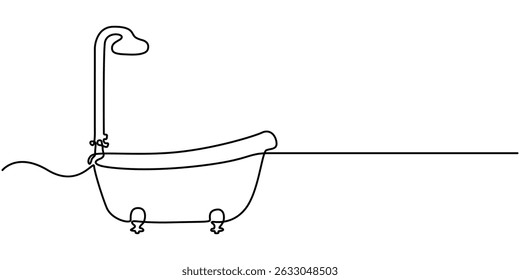  banheira com chuveiro contínuo um desenho de linha, contínuo um desenho de linha de projeto de banheira. Banho simples na ilustração de desenho de linha única. Desenho de linha contínua do ícone do banho do bebê. Desenhado à Mão. 
