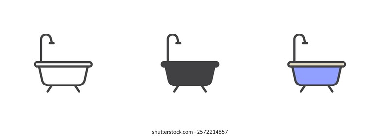 Bathtub with shower different style icon set. Line, glyph and filled outline colorful version, outline and filled vector sign. Bathroom symbol, logo illustration. Vector graphics