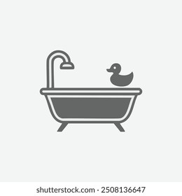 Badewanne Dusche Ente Symbol. Ein einfaches Symbol, das Badewanne, Dusche und Ente für die Badezimmerdekoration darstellt.