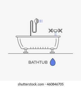 Bathtub, shower and faucet thin line icons in one composition. Bathroom elements. Vector image.