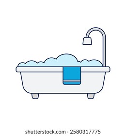 Bathtub with Shower, A bathtub filled with bubbles, featuring a showerhead and a hanging towel.