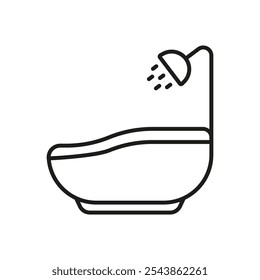 Bathtub With Shower Head Line Icon. Bathroom Tub With Shower Outline Symbol. Bathing Equipment. Relaxing Bath Time. Editable Stroke. Isolated Vector Illustration.