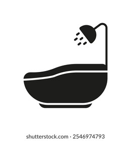 Bathtub With Shower Head Silhouette Icon. Bathroom Tub With Shower Glyph Symbol. Bathing Equipment. Relaxing Bath Time. Isolated Vector Illustration.