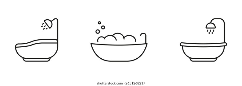 Bathtub And Shower Line Icon Set. Bathroom Hygiene, Relaxation, And Spa Experience Outline Symbol Collection. Cleanliness And Self-Care. Editable Stroke. Isolated Vector Illustration.