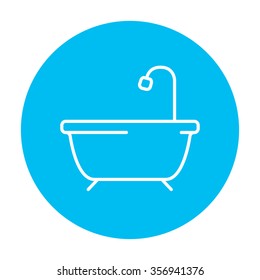 Bathtub with shower line icon for web, mobile and infographics. Vector white icon on the light blue circle isolated on white background.