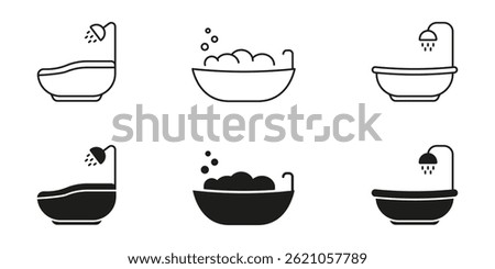 Bathtub And Shower Line And Solid Icon Set. Bathroom Hygiene And Relaxation Symbol Collection. Bathing, Cleanliness, And Spa Experience Silhouette Symbol. Isolated Vector Illustration.
