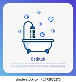 Bathtub and shower with running water and bubbles around. Thin line vector illustration of plumbing or save water concept.