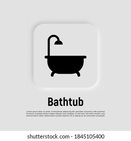 Bathtub and shower with running water and bubbles around. Thin line vector illustration of plumbing or save water concept.