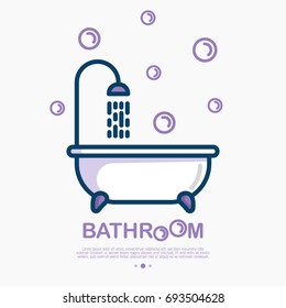 Bathtub and shower with running water and bubbles around. Thin line vector illustration of plumbing or save water concept.