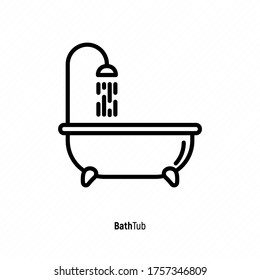 Bathtub and shower with running water. Thin line vector illustration of plumbing or save water concept.