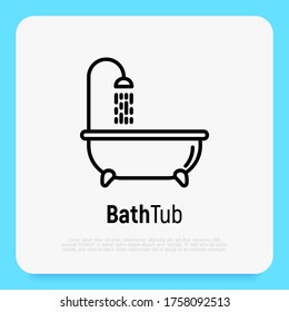 Bathtub and shower with running water. Thin line vector illustration of plumbing or save water concept.