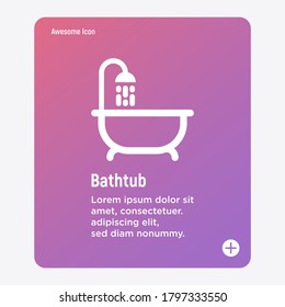Badewanne und Dusche mit fließendem Wasser. Dünne Vektorgrafik von Klempnerei oder sparen Wasserkonzept.