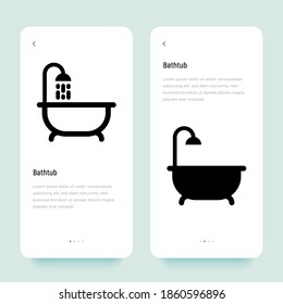 Bathtub and shower with running water. Thin line vector illustration of plumbing or save water concept.