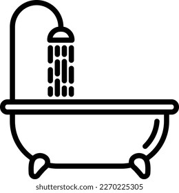 Bathtub and shower with running water. Thin line vector illustration of plumbing or save water concept.