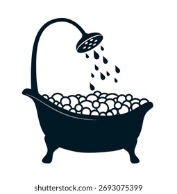 Bathtub with shower and soap bubbles. 
