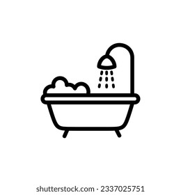 Bathtub with shower and soap bubbles line icon.