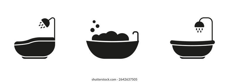 Bathtub And Shower Solid Icon Set. Bathroom Hygiene, Relaxation, And Spa Experience Silhouette Symbol Collection. Home Comfort And Cleanliness. Isolated Vector Illustration.