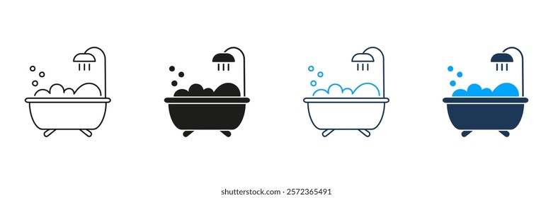 Bathtub with Showerhead and Bubbles Line and Silhouette Icon Set. Relaxing Bath Time with Foam Symbol. Editable Stroke. Isolated Vector Illustration.