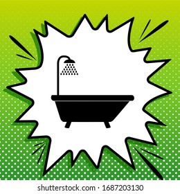 Bathtub sign. Black Icon on white popart Splash at green background with white spots. Illustration.