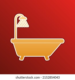 Bathtub sign. Golden gradient Icon with contours on redish Background. Illustration.