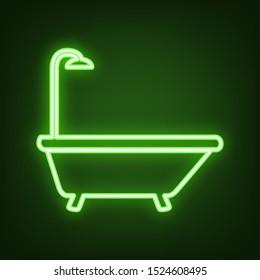 Bathtub sign. Green neon icon in the dark. Blurred lightening. Illustration.