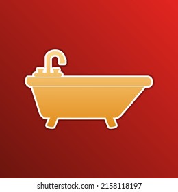 Bathtub sign illustration. Golden gradient Icon with contours on redish Background. Illustration.