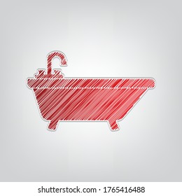 Bathtub sign illustration. Red gradient scribble Icon with artistic contour gray String on light gray Background. Illustration.
