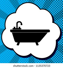 Bathtub sign illustration. Vector. Black icon in bubble on blue pop-art background with rays.